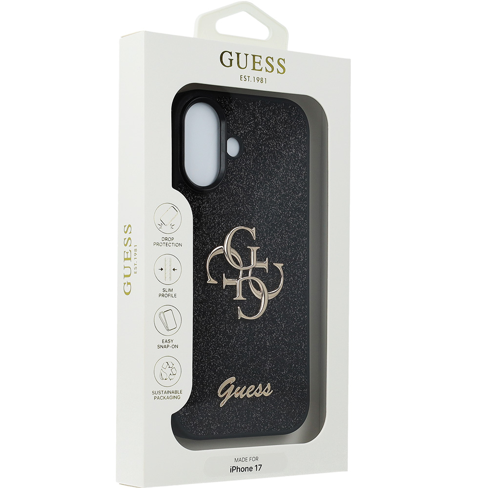 Etui Guess Fixed Glitter Big 4G do iPhone 17, czarno-brokatowe